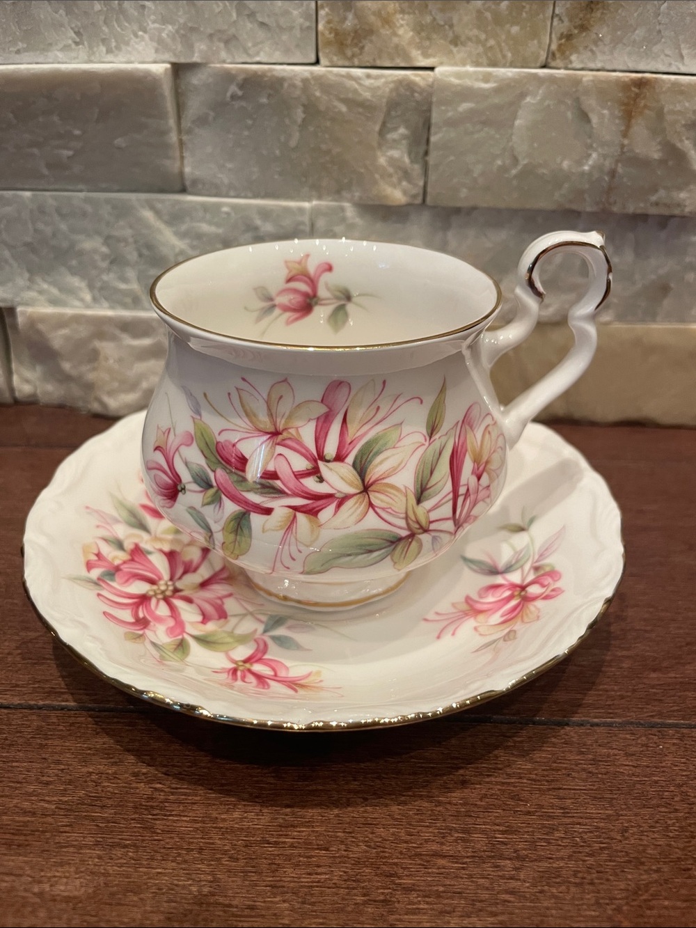 Royal Albert Pink Floral Teacup and Saucer with Gold Trim